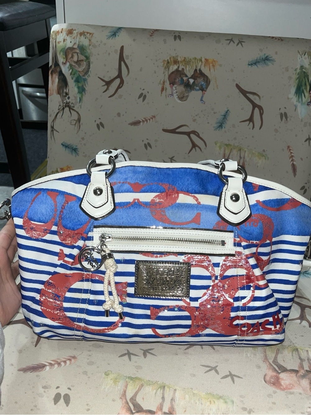 Coach Blue, White & Red Striped Signature Satchel